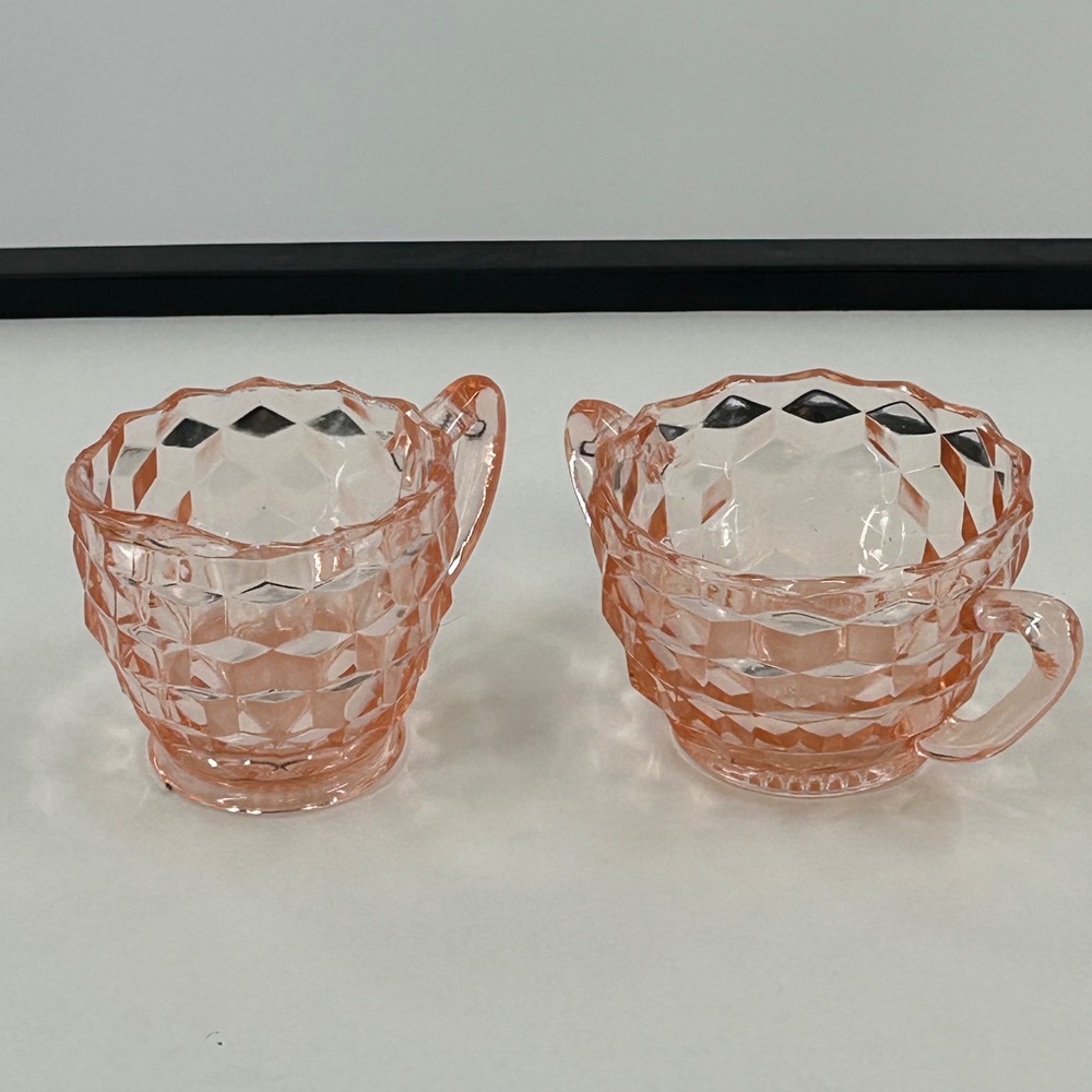 Vintage Pink‎ Depression Glass Creamer and Sugar Bowl Set Diamond Point Pattern